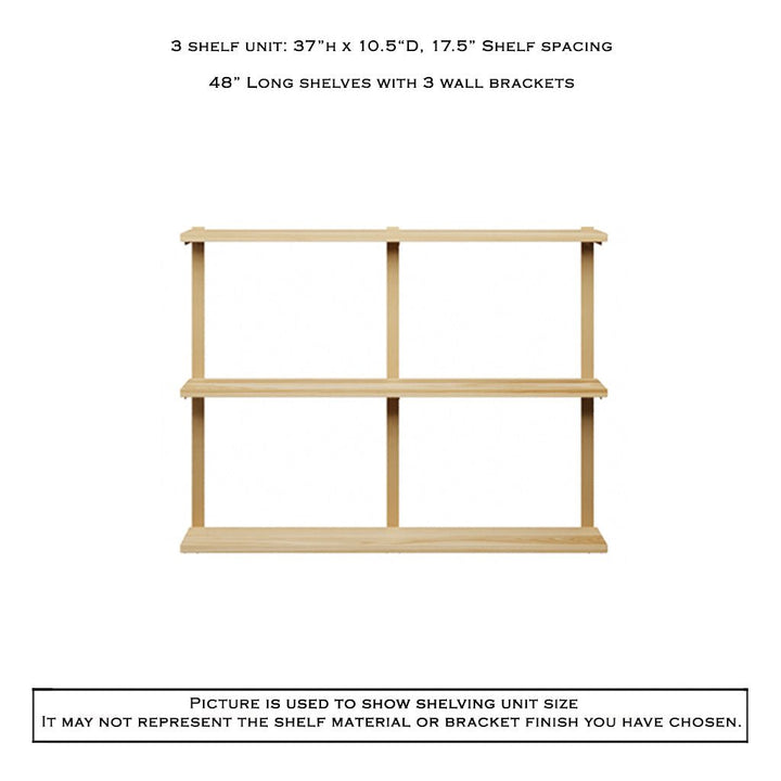 3 tier wood shelves with heavy duty shelf brackets by Vault Furniture. 48"x37