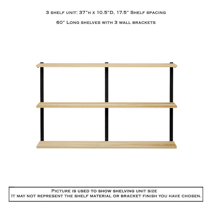 3 tier wood shelves with heavy duty shelf brackets by Vault Furniture. 60"x37