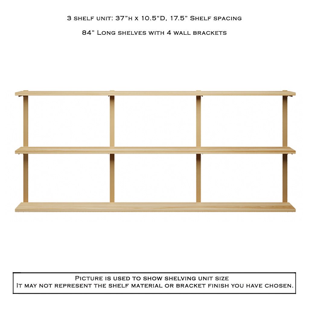 3 tier shelving unit with heavy duty shelf brackets in ash and black. 84"x37"