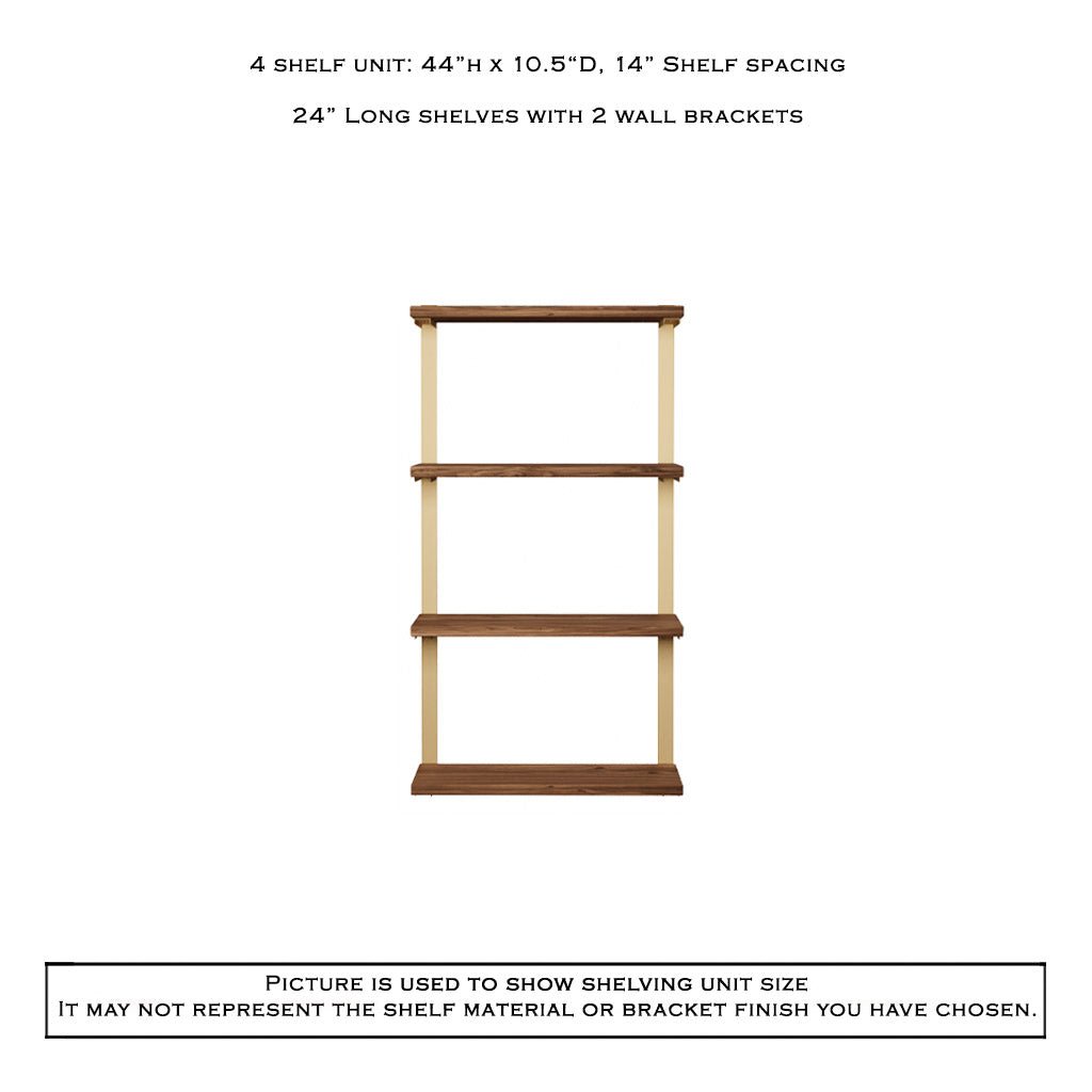4 tier bookshelf in walnut and brass by Vault Furniture. 24"x44"