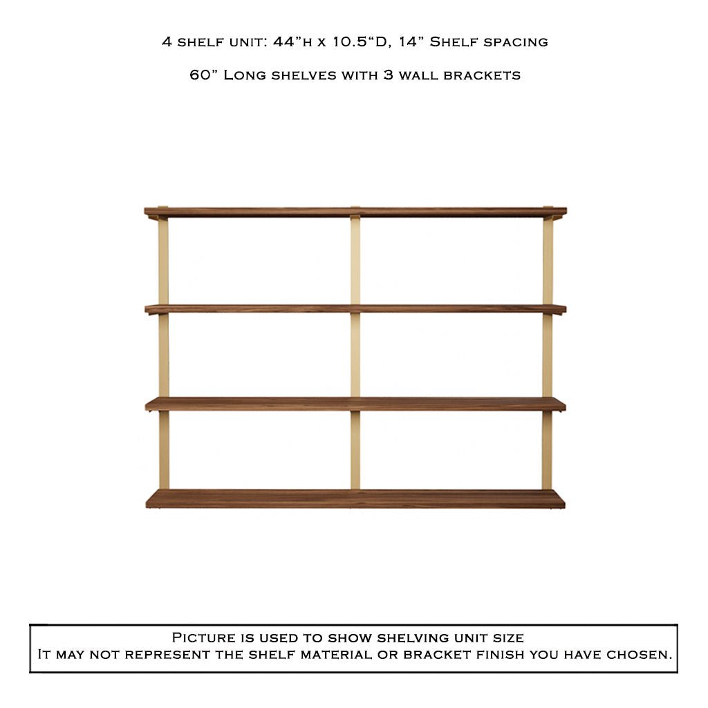 4 tier bookshelf in black walnut and brass shelf brackets by Vault Furniture. 60"x44"