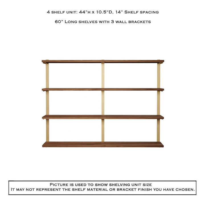 4 tier bookshelf in black walnut and brass shelf brackets by Vault Furniture. 60"x44"