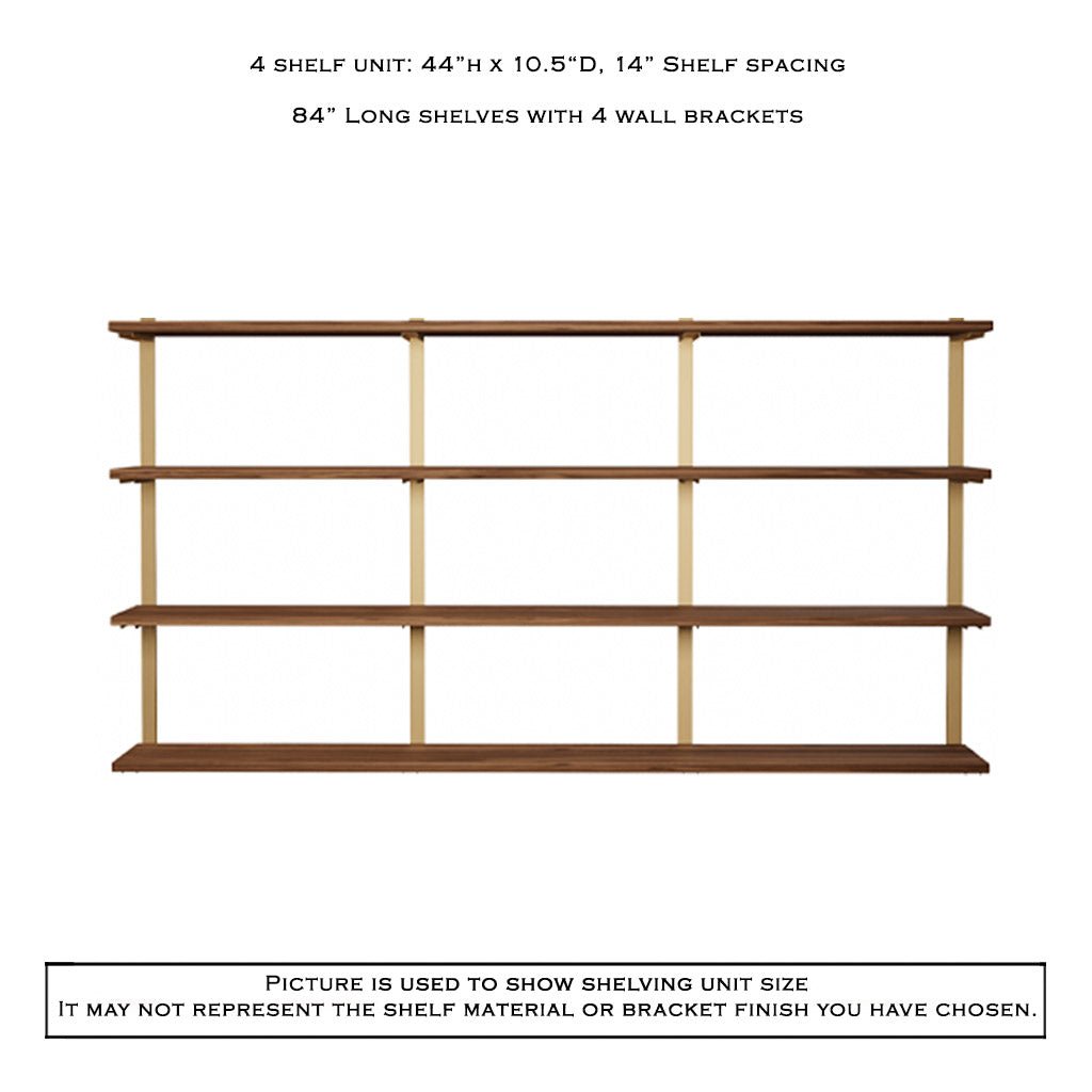 4 tier bookshelf in black walnut and brass shelf brackets by Vault Furniture. 84"x44"