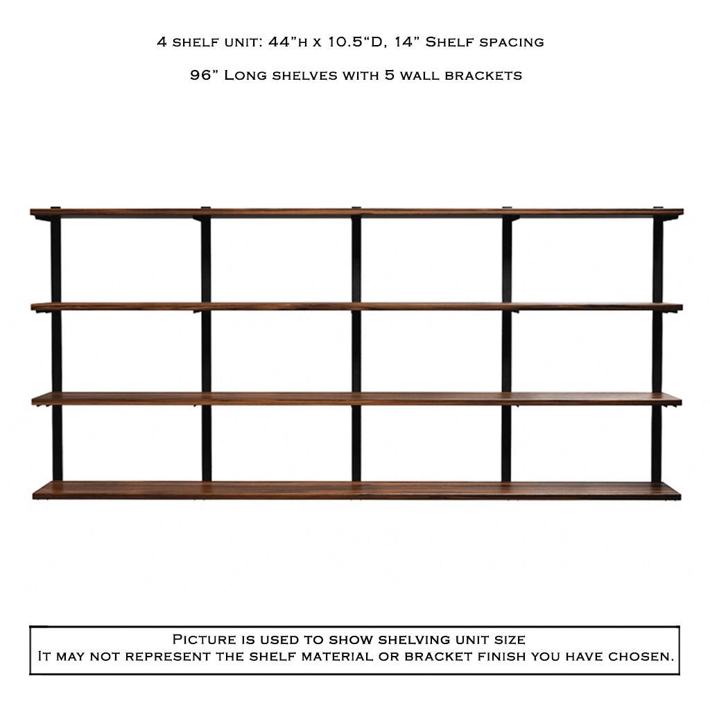 4 tier bookshelf in black walnut and black shelf brackets by Vault Furniture. 96"x44"