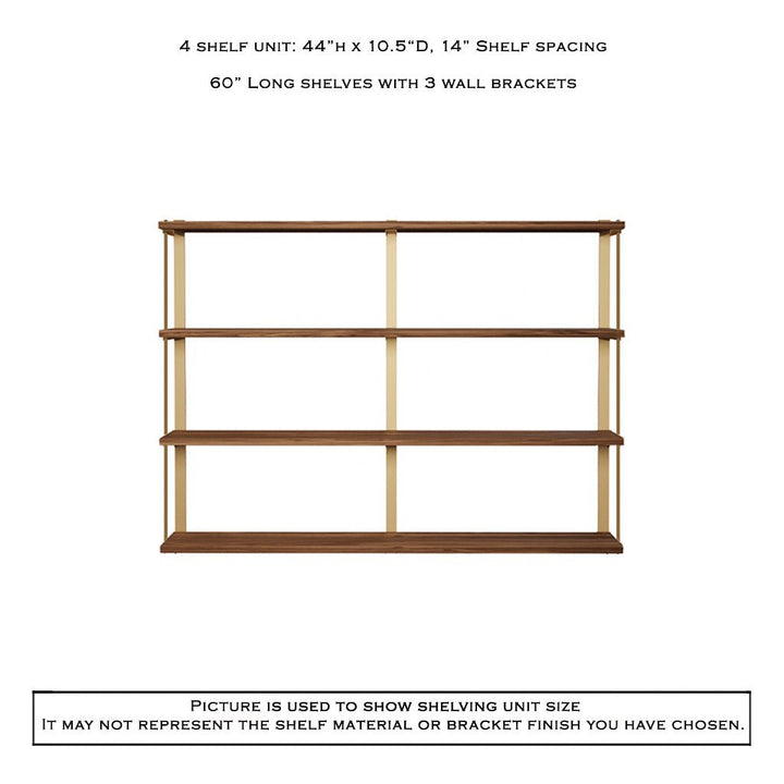 Wall Mount 4 Shelf Unit: 44" Height with Bookend Brackets