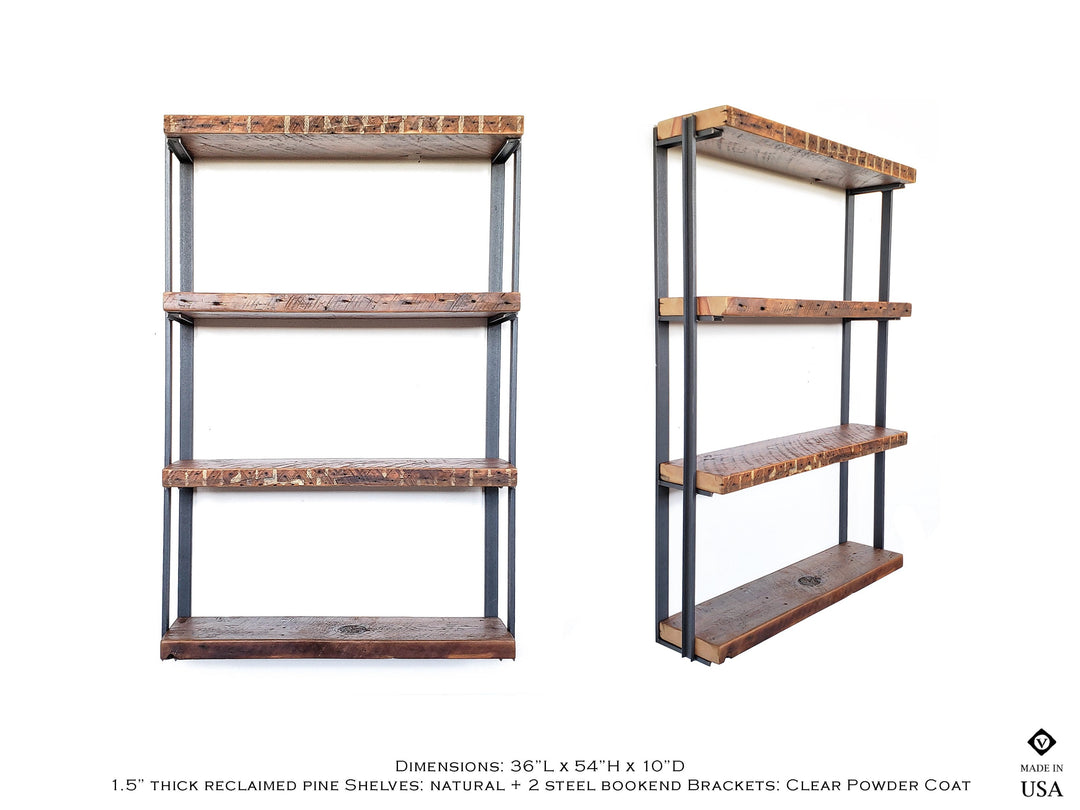 reclaimed wood bookshelf with solid steel channel brackets handmade in USA