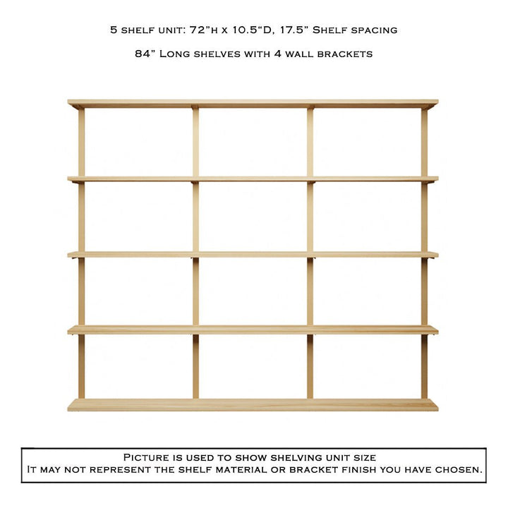 5 tier wood shelves with brass steel wall brackets by Vault Furniture. 72"x72"