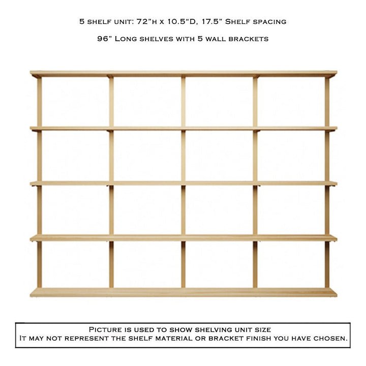 5 tier wood shelves with brass steel wall brackets by Vault Furniture. 96"x72"
