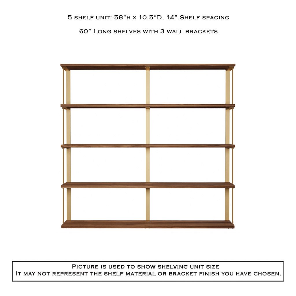 Wall Mount 5 Shelf Unit: 58" Height with Bookend Brackets