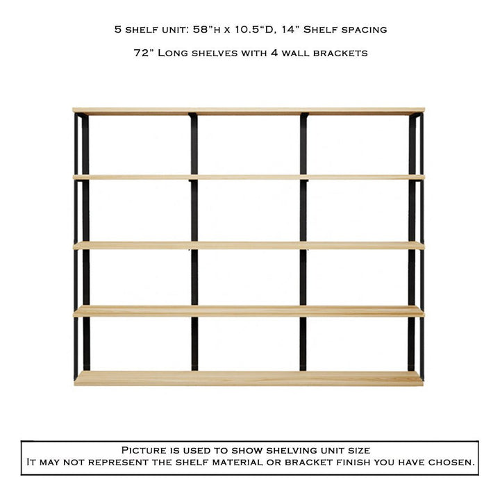 Wall Mount 5 Shelf Unit: 58" Height with Bookend Brackets
