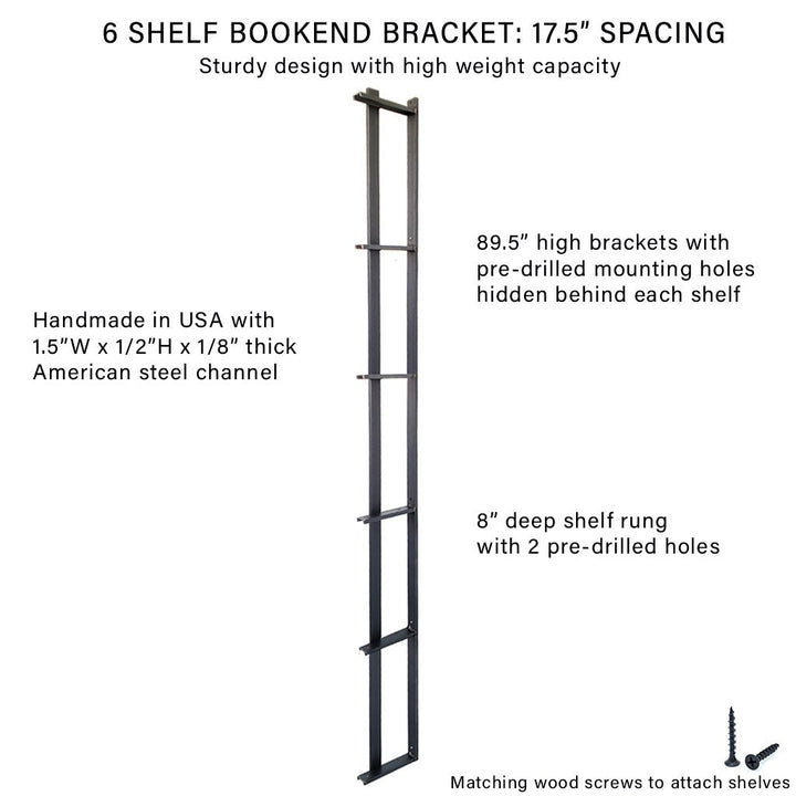 Wall Mount 6 Shelf Unit: 89.5" Height with Bookend Brackets