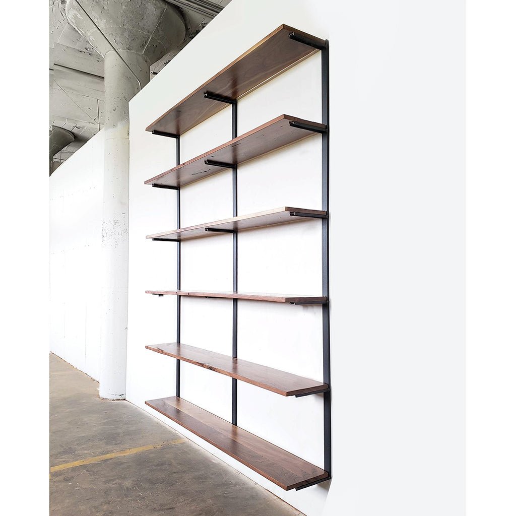 Minimal bookcase handmade with American steel and black walnut. 6 shelf 89.5" by Vault Furniture