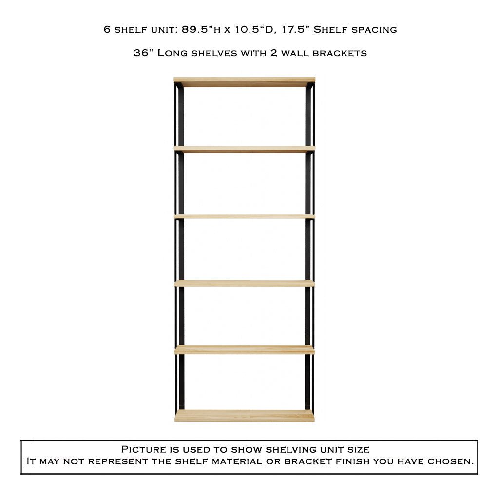 6 tier wall shelves with bookend brackets. 36"L x 89.5" by Vault Furniture