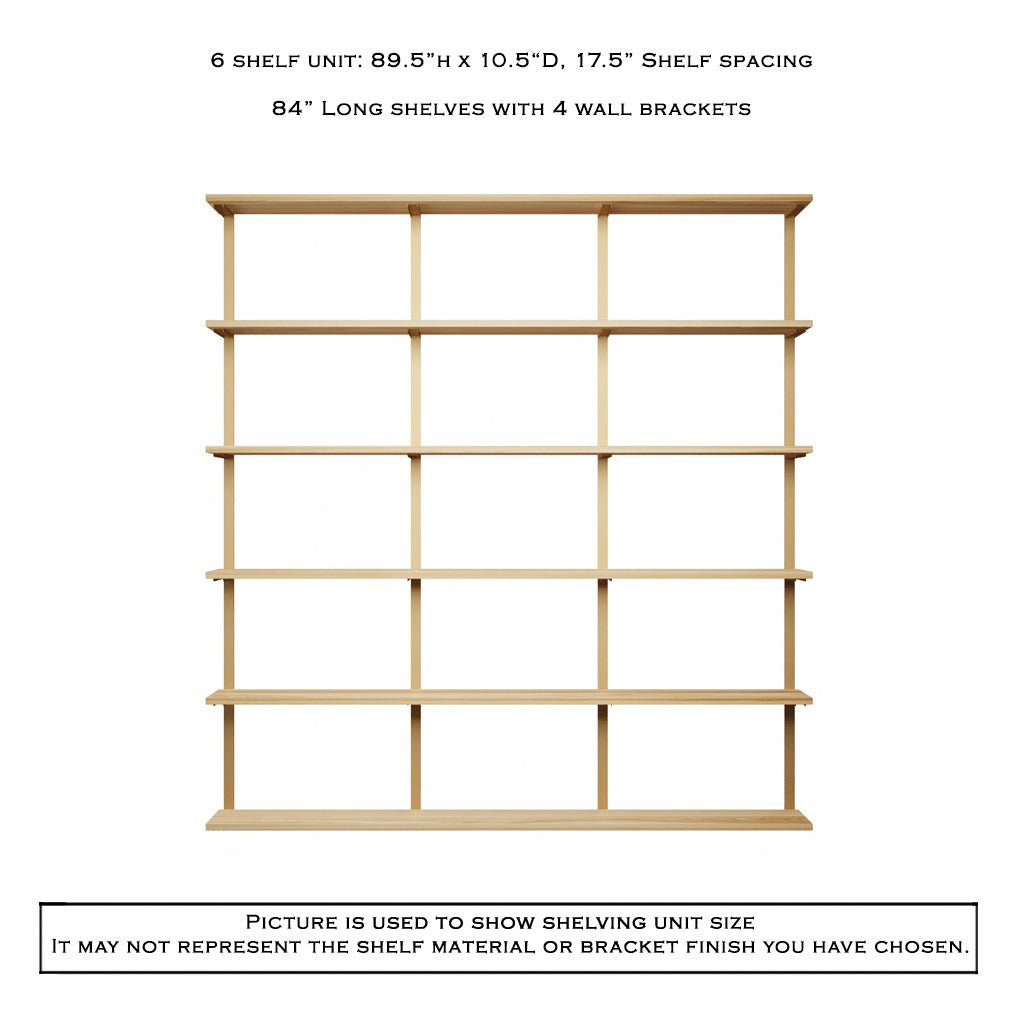 l0ng shelving, 6 tier bookshelf unit in ash and brass brackets by vault furniture