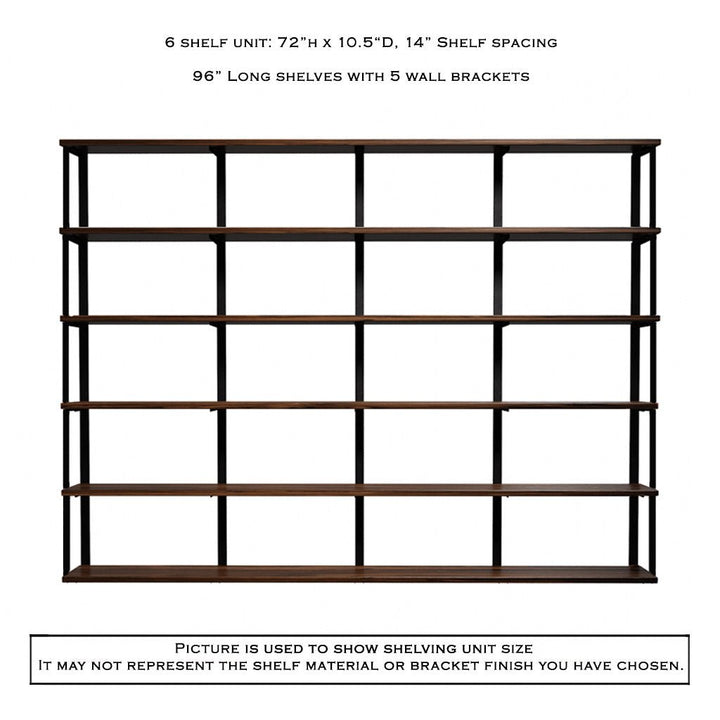 Wall Mount 6 Shelf Unit: 72" Height with Bookend Brackets