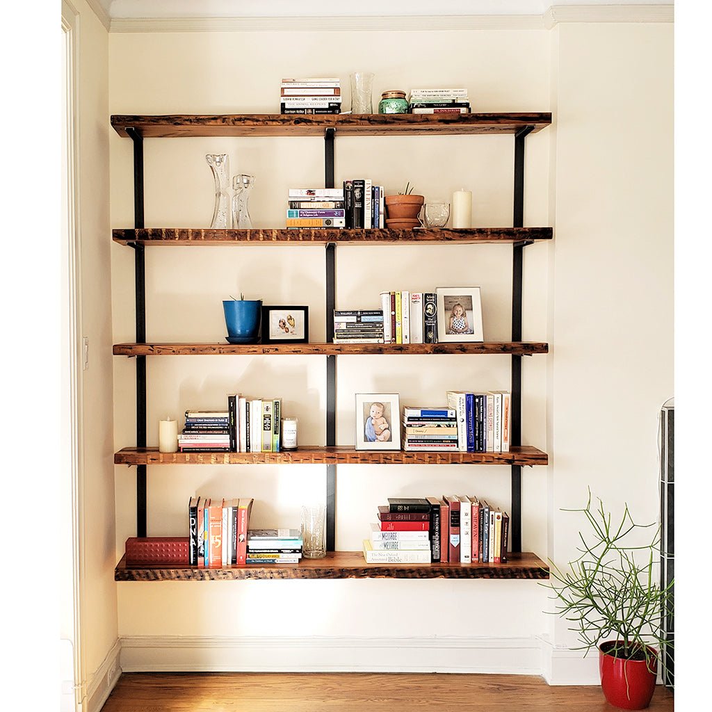 Modern farmhouse bookshelf reclaimed pine shelves metal wall bracket 72x72 Vault Furniture