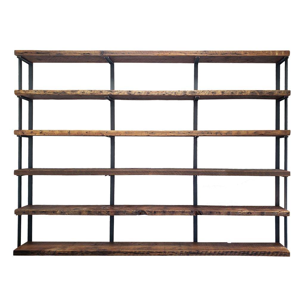 Big bookcase 96"L solid wood shelves with 72"H 6 tier steel bracket handmade in USA by Vault Furniture