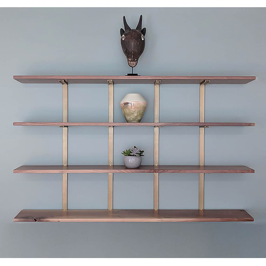 4 shelf unit black walnut shelves brass bracket by Vault Furniture