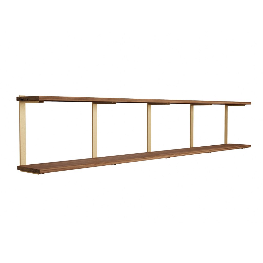black walnut and brass 2 shelf unit by vault furniture