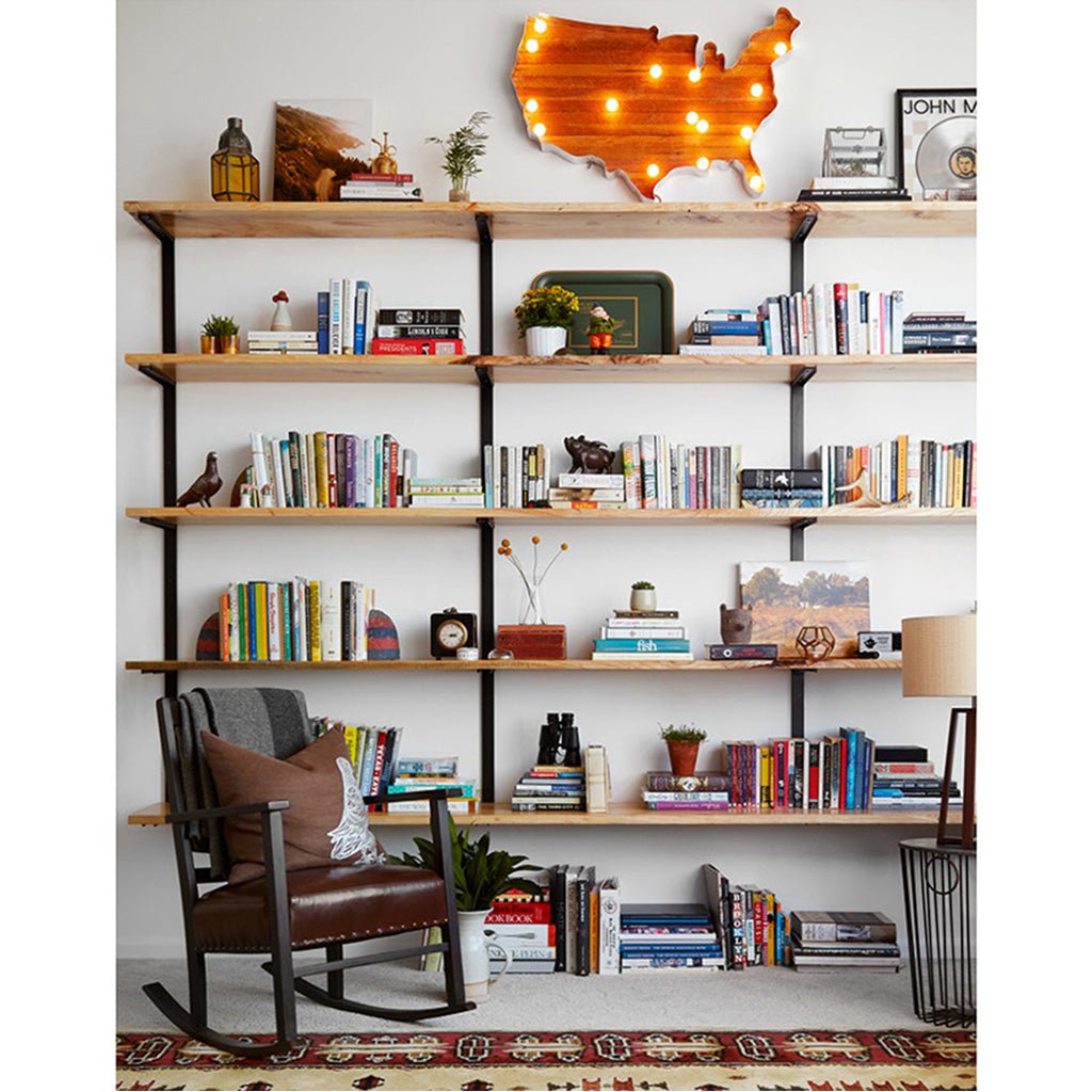 Minimal Modern Living Room Floating Ash Shelves with Black Steel Channel Brackets