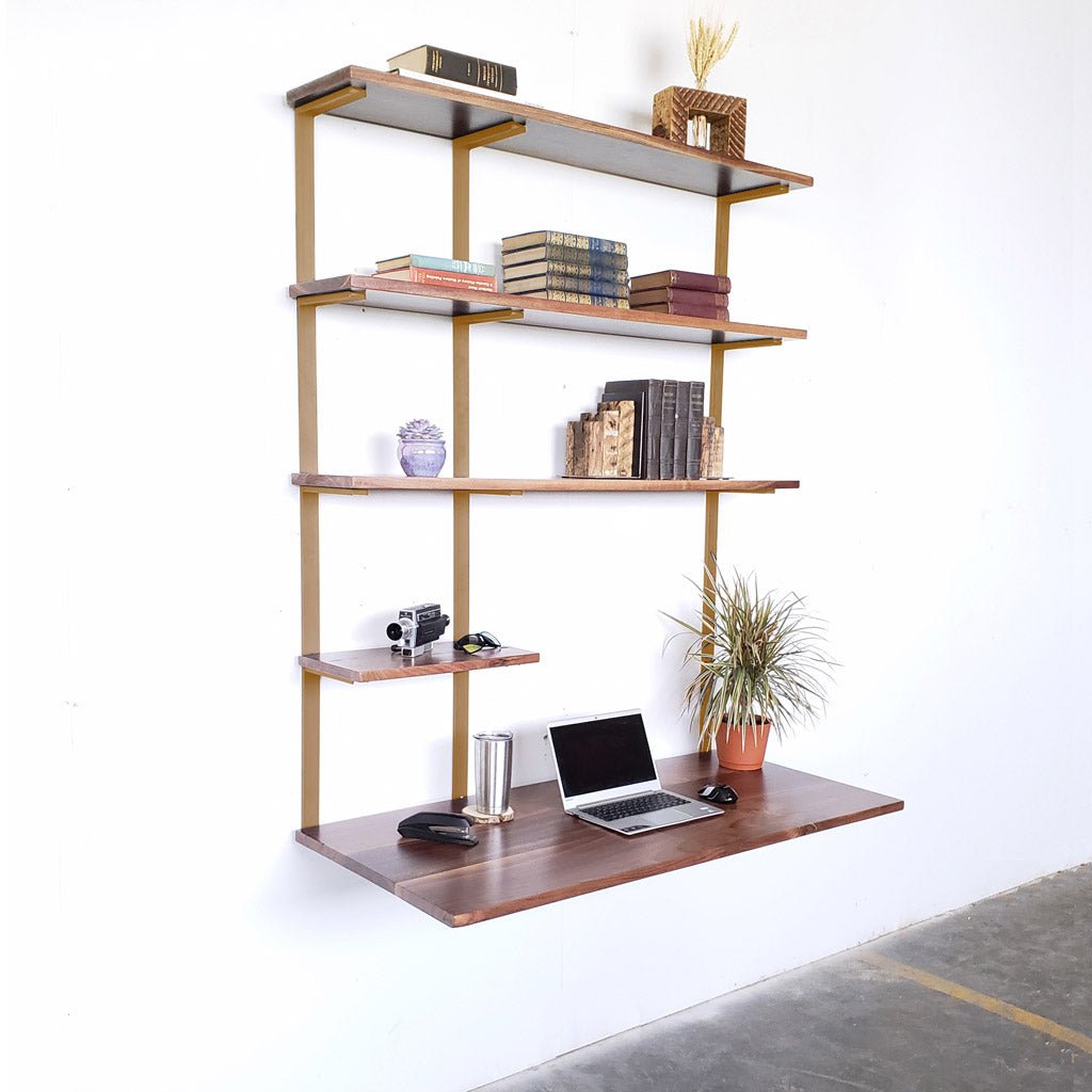 brass shelf brackets with black walnut desk + 4 shelves