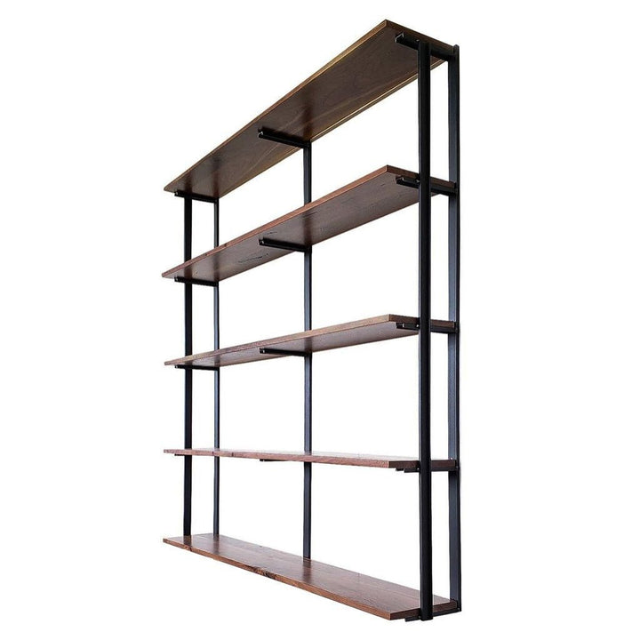 Dark wood bookshelf 5 tier 72"x72" Black Walnut and Steel bookend bracket 17.5" space by Vault Furniture