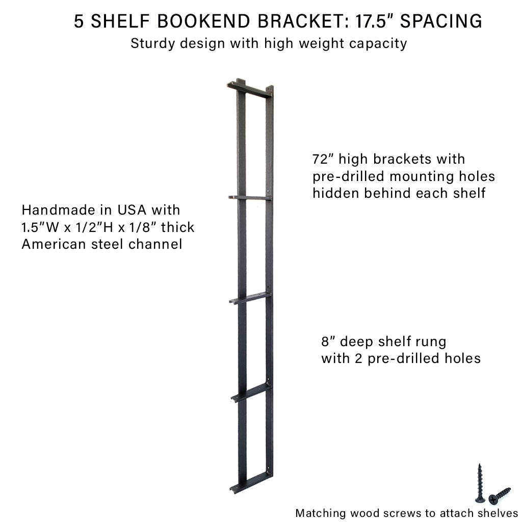 Solid steel shelf bracket 72"H, 5-tier with bookend made in USA by Vault furniture