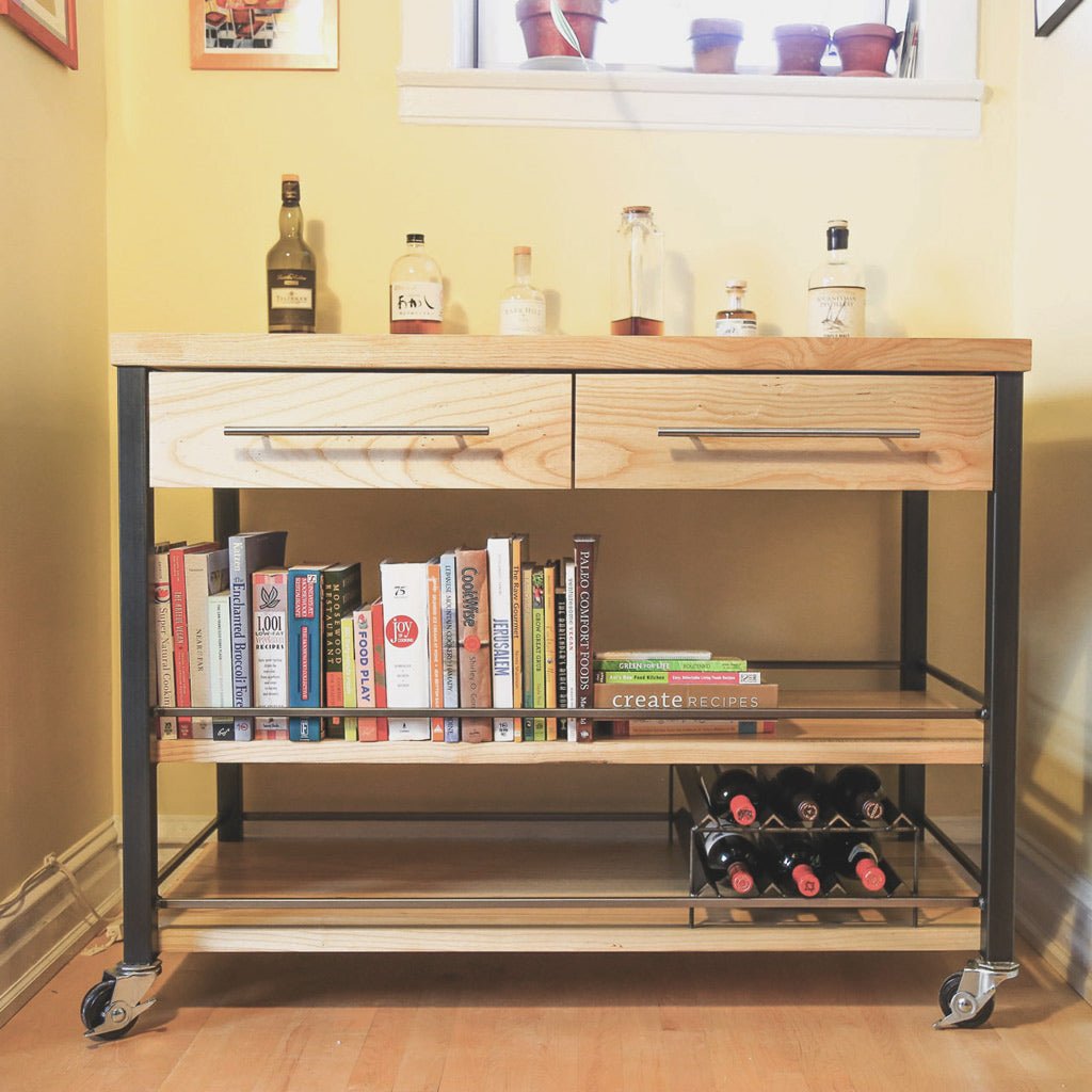 Unique kitchen cart with functional storage on wheels