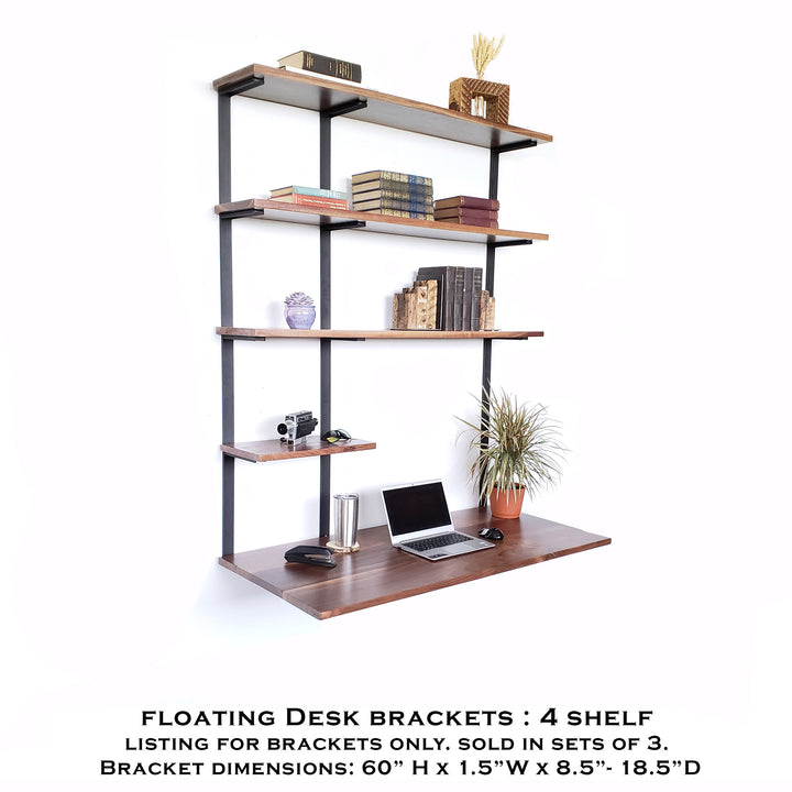 Wall-mount steel brackets for floating desk with 4 shelves Vault Furniture