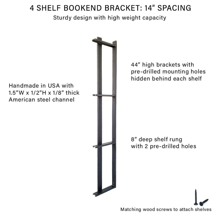 wall bookshelf bracket 4-tier 44"H steel with bookend detail. American made by Vault-furniture