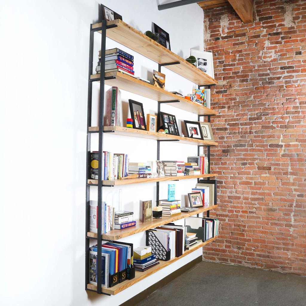 Loft bookshelves 6 tier steel book-end brackets with 72" L solid reclaimed pine shelves by Vault Furniture