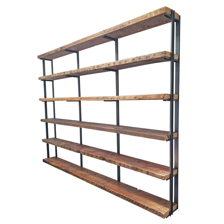 Long wall shelves solid reclaimed wood and steel by Vault Furniture