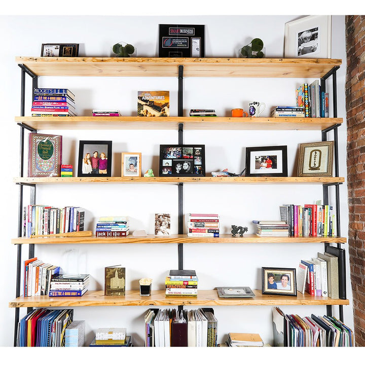 Custom office bookshelf 6 tier metal bracket bookend detail with 72" reclaimed pine shelves by Vault Furniture