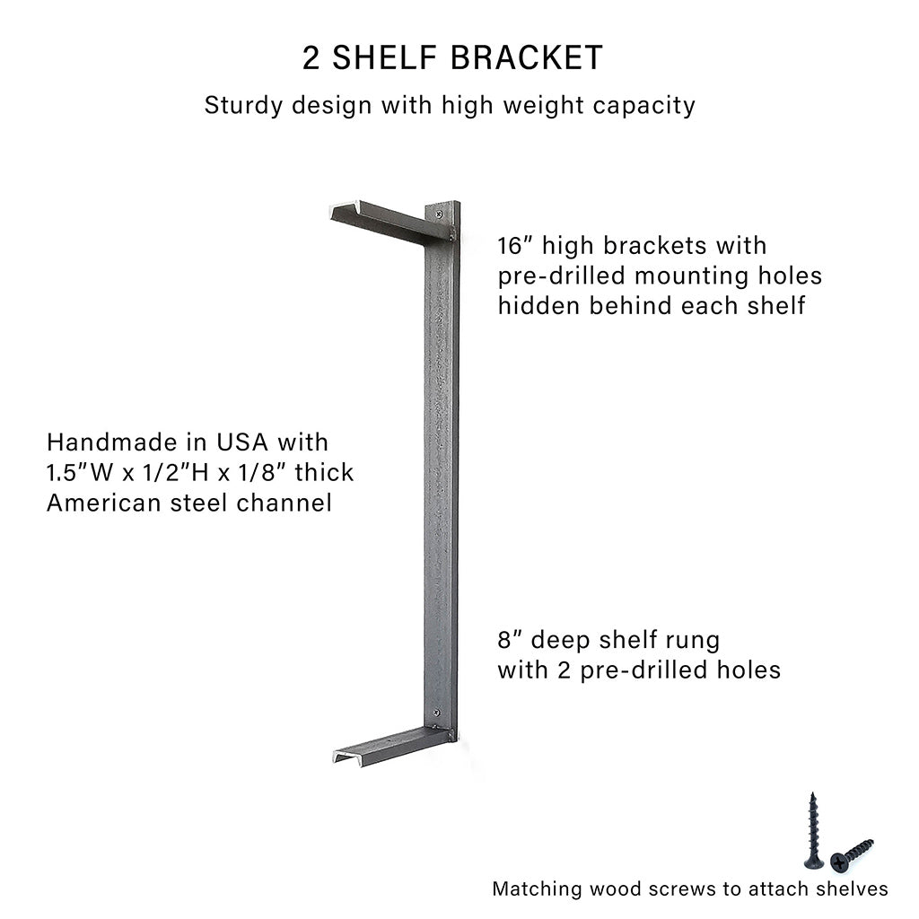 Heavy duty solid steel wall mount bracket for 2 floating shelves. Handmade in USA by Vault Furniture