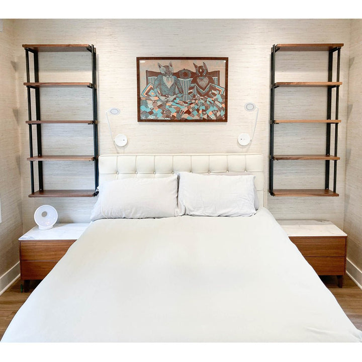 Modern bedroom shelving 24"L black walnut and steel bookend bracket