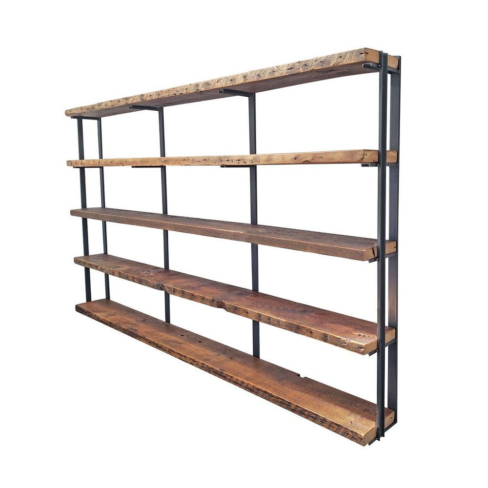 Modern farmhouse bookshelf reclaimed pine shelving and steel bookend brackets made in USA by Vault Furniture