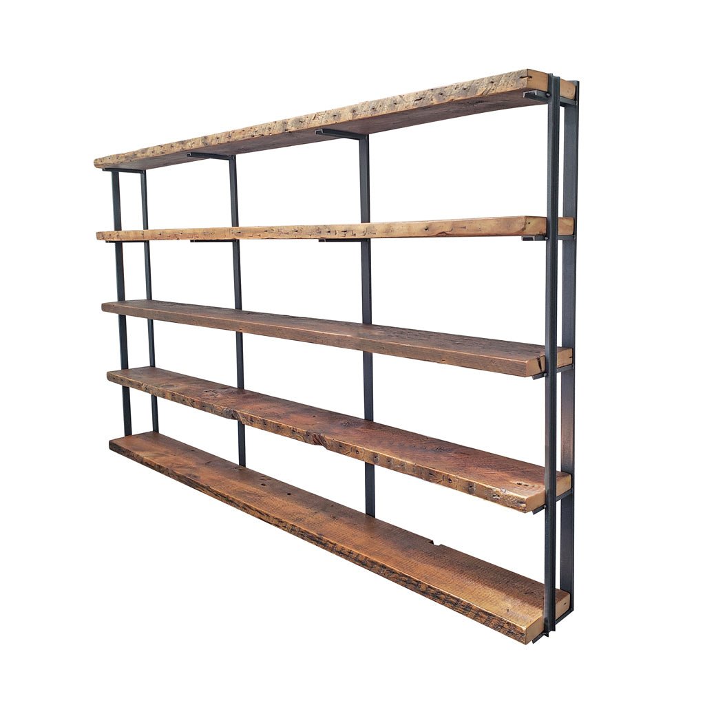 Modern farmhouse bookshelf reclaimed pine shelving and steel bookend brackets made in USA by Vault Furniture