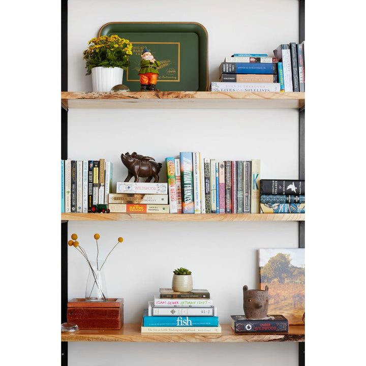 Modern farmhouse shelving with light wood and black steel bracket made in USA by Vault Furniture