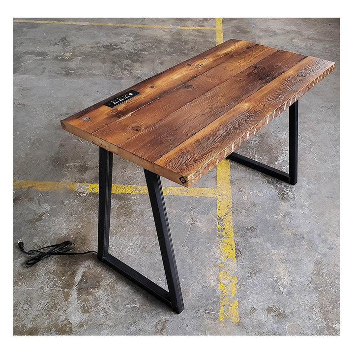 rustic computer desk with reclaimed wood top and steel base by Vault Furniture