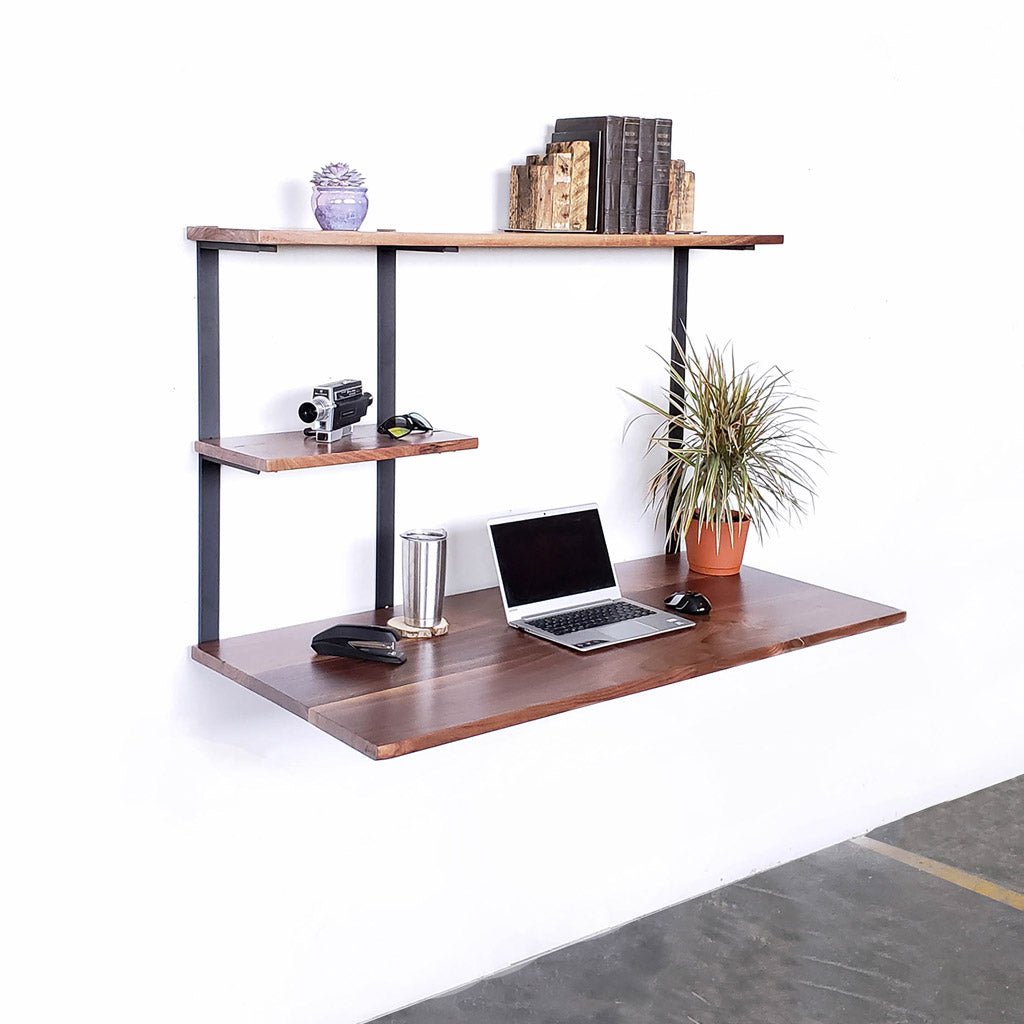 Modern wall floating desk with 2 shelves in black walnut by Vault Furniture