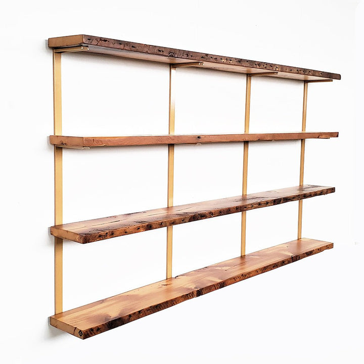 modern wall mount shelving unit 4 shelf 54.5" reclaimed wood and brass bracket. Vault Furniture