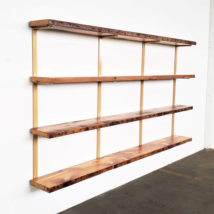 modern wall shelving 4 shelf unite 54.5" high reclaimed wood with gold brackets