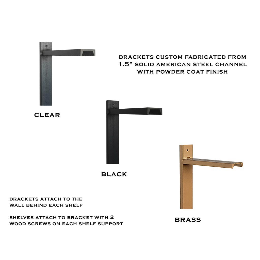 Custom shelf bracket low voc powder-coat finish in clear, black, Brass