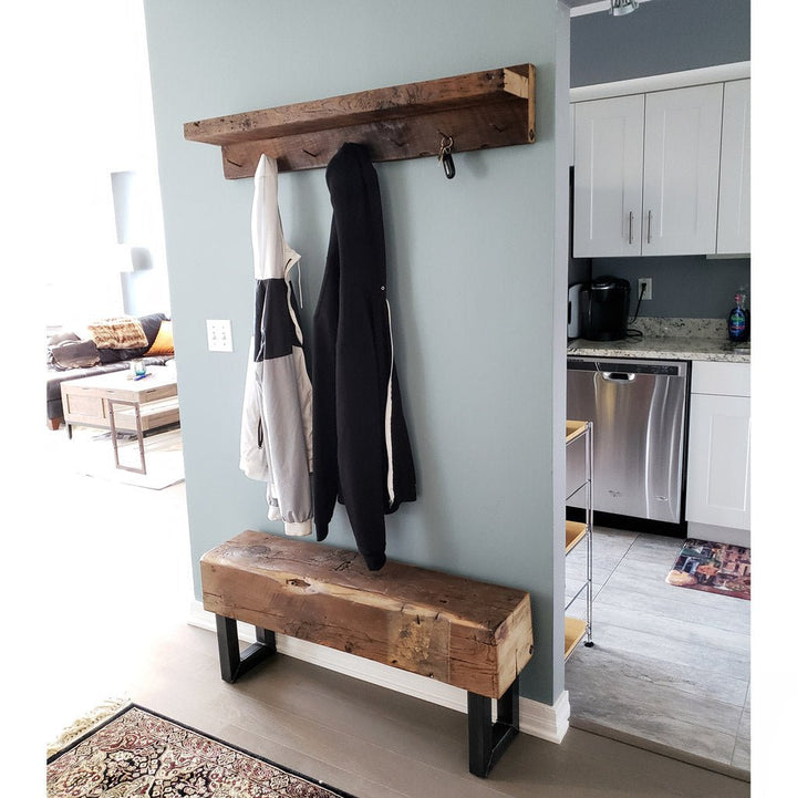 Reclaimed wood coat rack with beam bench by Vault Furniture
