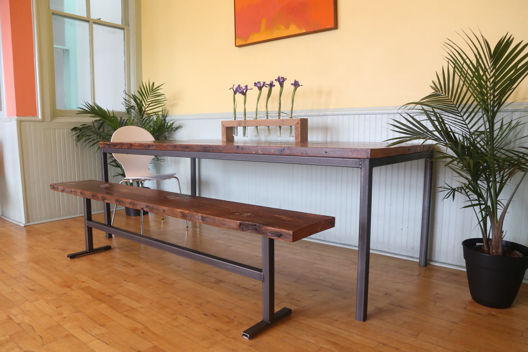 reclaimed wood dining table and bench with steel base. farmhouse house style dining room. 