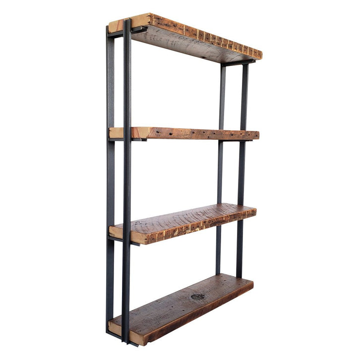 4-tier wall mount bookshelf. 36" L Reclaimed pine 44"H steel wall brackets