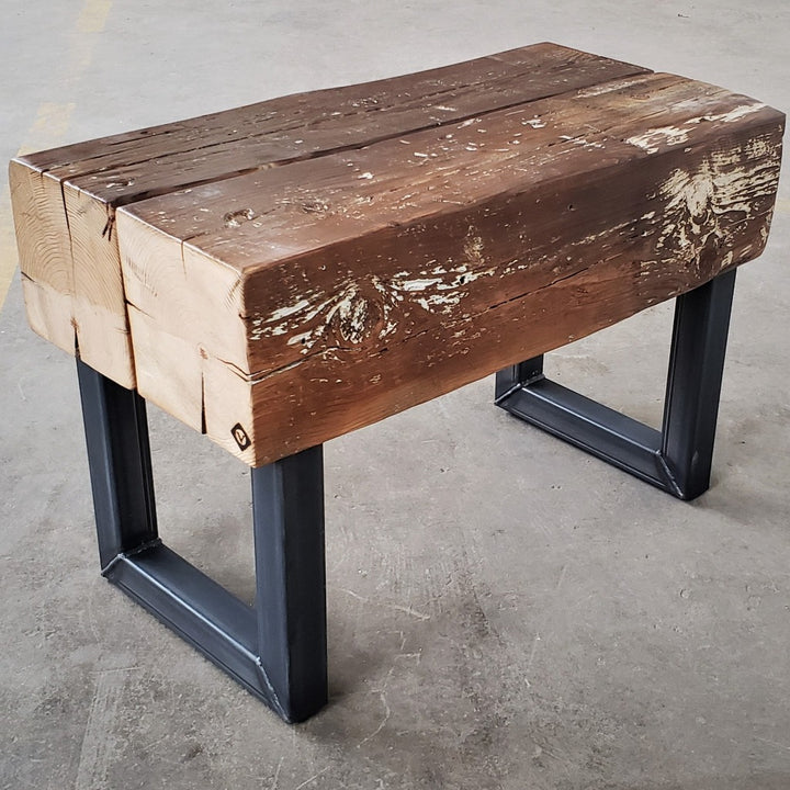 reclaimed wood beam bench with steel legs by vault furniture