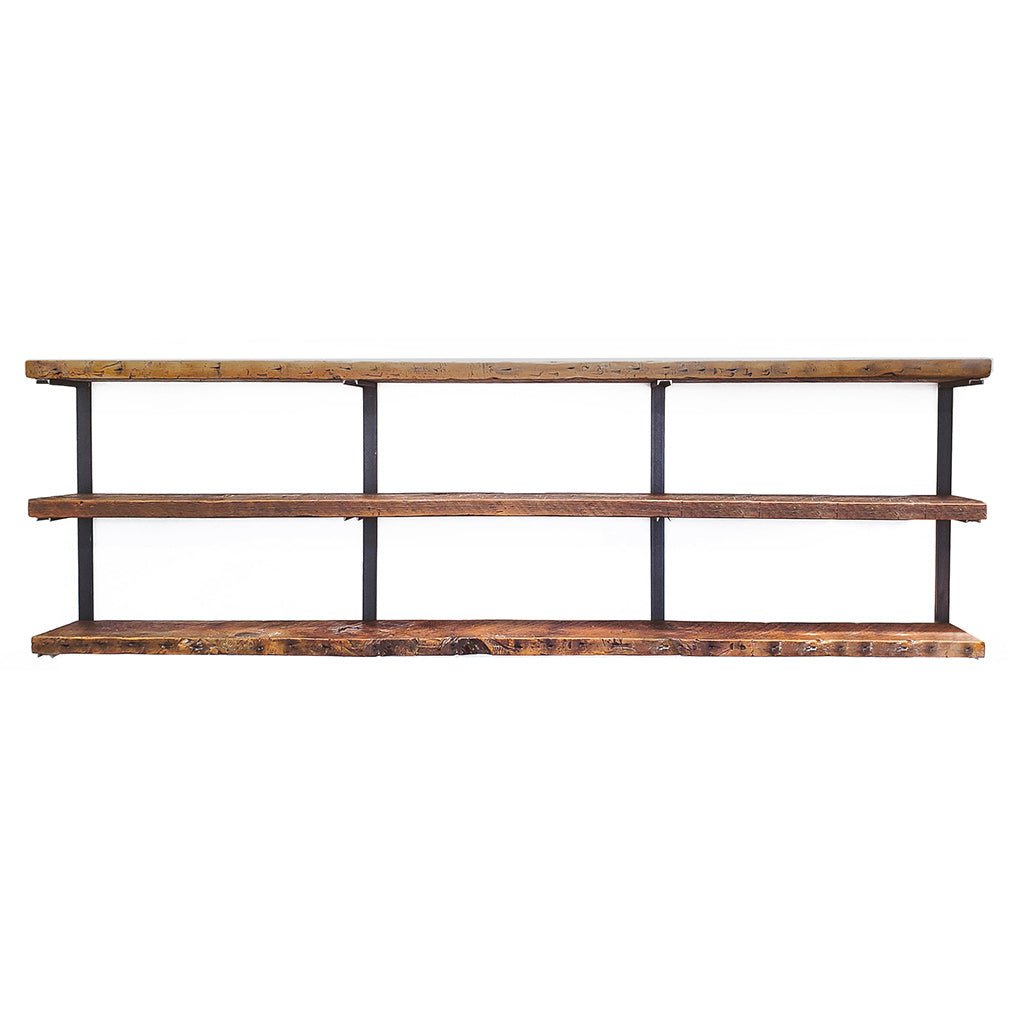 Reclaimed wood shelves with heavy duty steel brackets by Vault Furniture