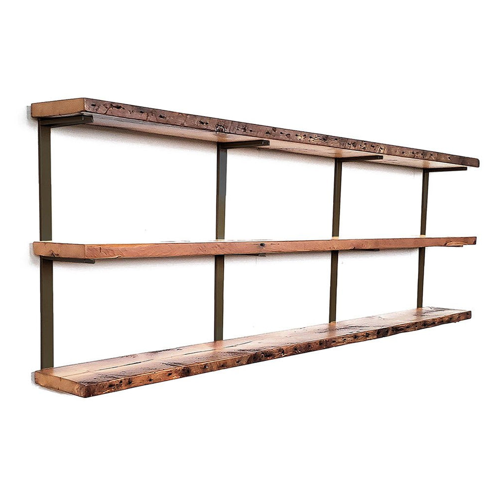 Rustic 3 shelf 30" wall mounted reclaimed pine and steel shelf bracket. Vault Furniture