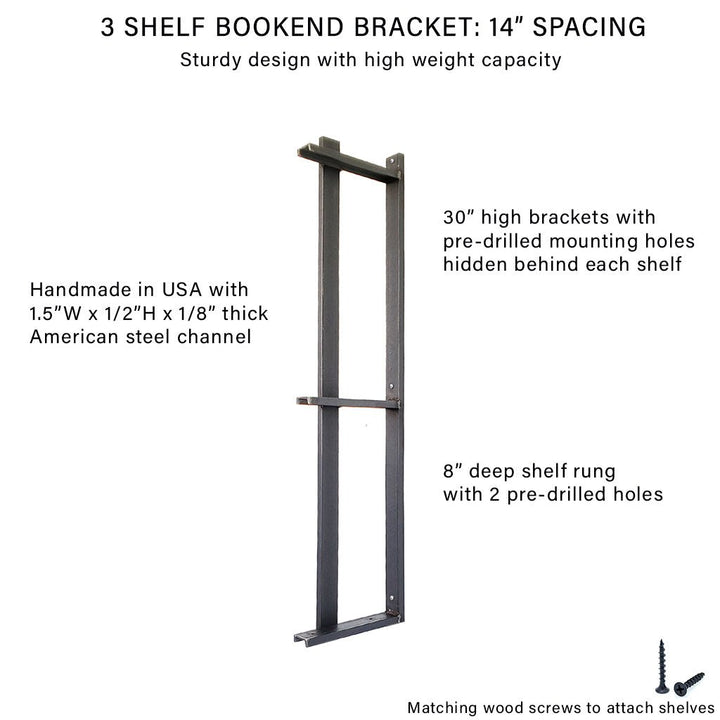 sturdy wall shelf bracket solid steel 3-tier 30"H with bookend